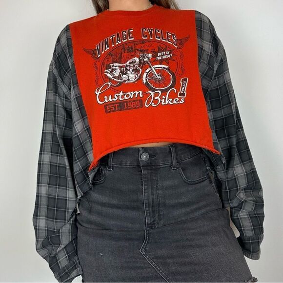 Reworked Upcycled Vintage Motorcycle Orange Long Sleeve Plaid Shirt Top - Picture 3 of 4